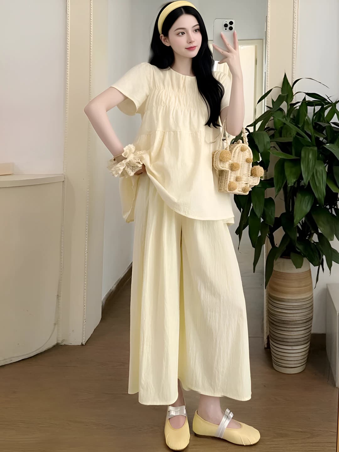 Women's summer wide-leg trouser set with short sleeves, loose fit, polyester, casual style