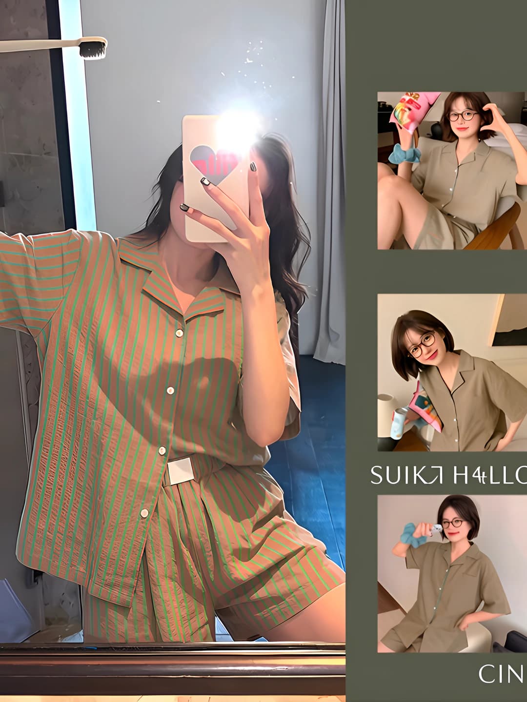 Women's striped short-sleeve pajama set, thin, lapel collar, plus size, loungewear