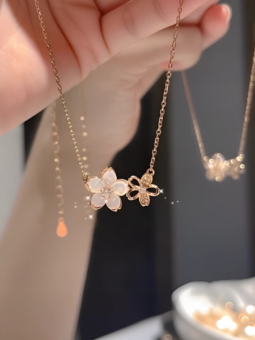 Women's cherry blossom and bell silver chain necklace, preppy style, 2026
