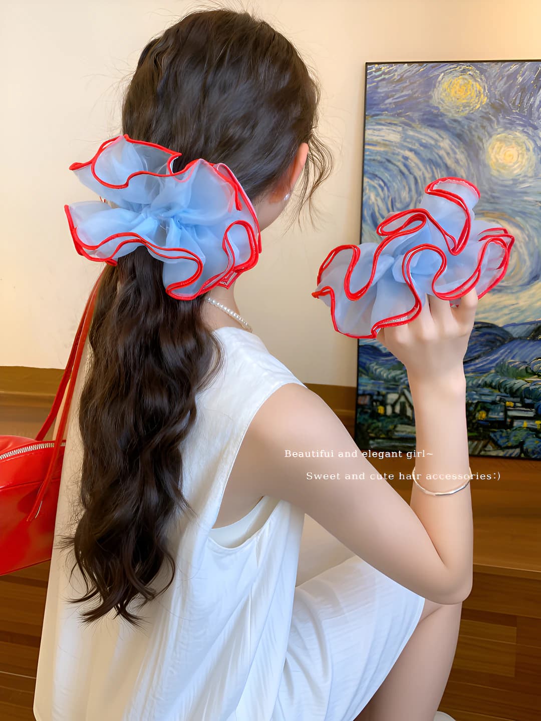 Women's Korean style blue four-layer stretch scrunchie hair tie