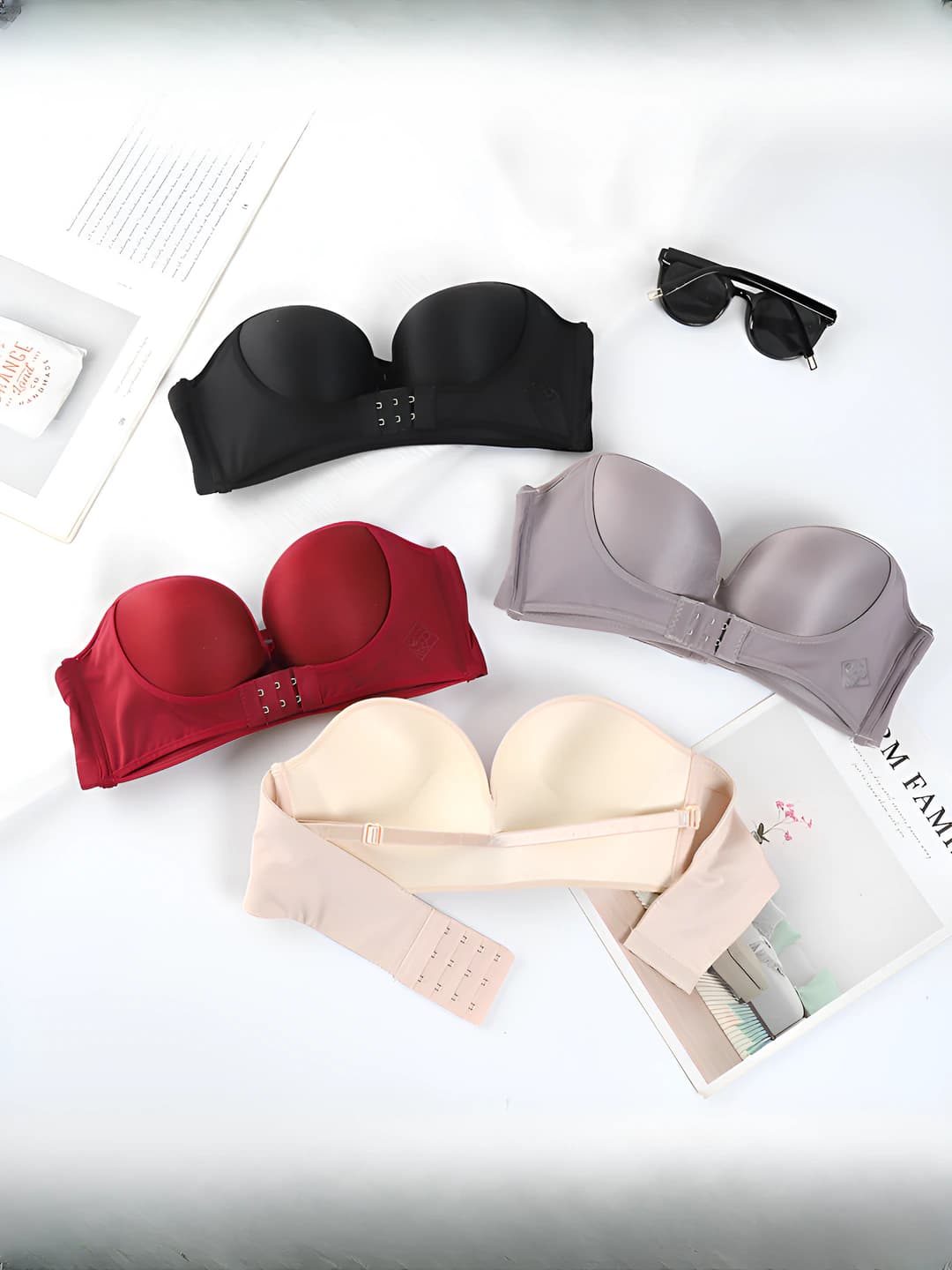 Women's non-slip, breathable, invisible, wireless, front closure, push-up, strapless, open back bra