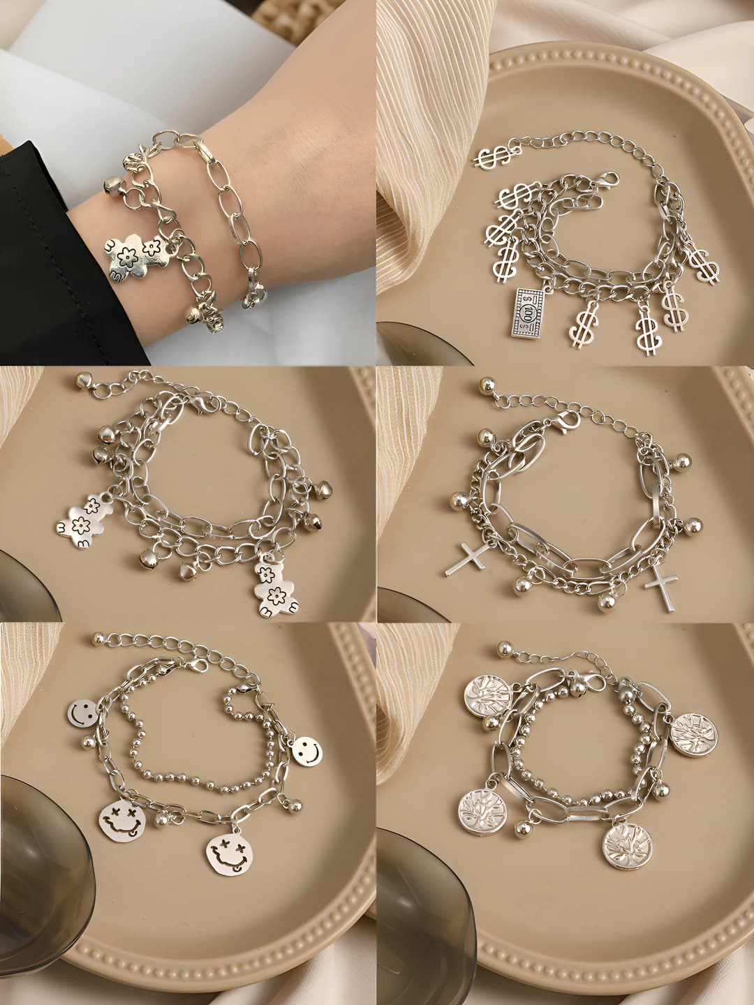Women's metal bracelet in Korean style retro with bear and cross, double layer