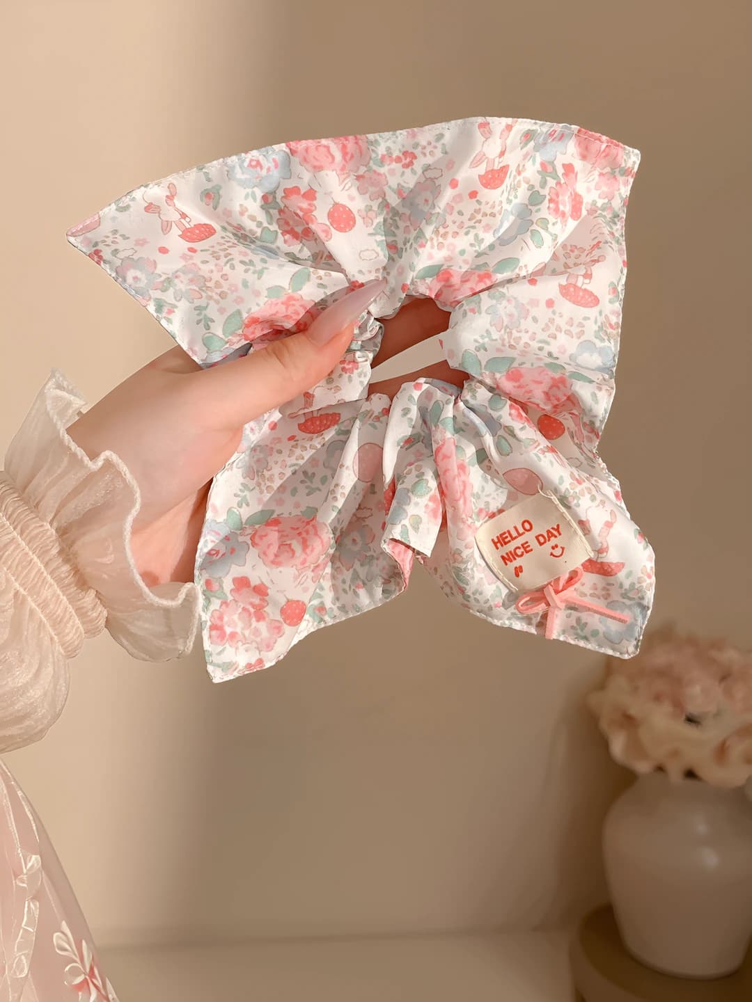 3# Розовый мелкий цветочный квадратный платок-резинка ~21*22 см
