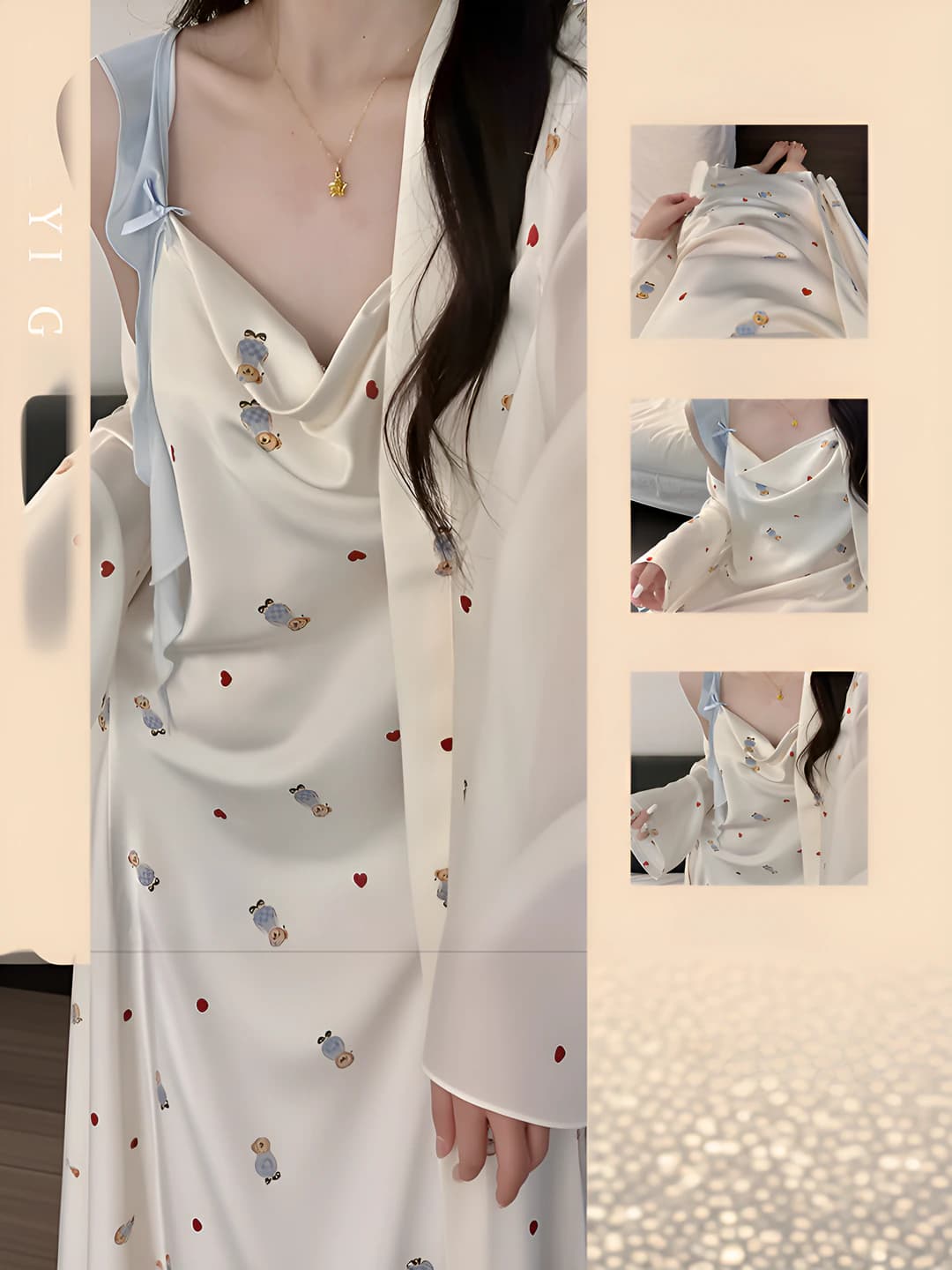 Women's home wear set: nightgown and long sleeve outerwear, polyester, spring