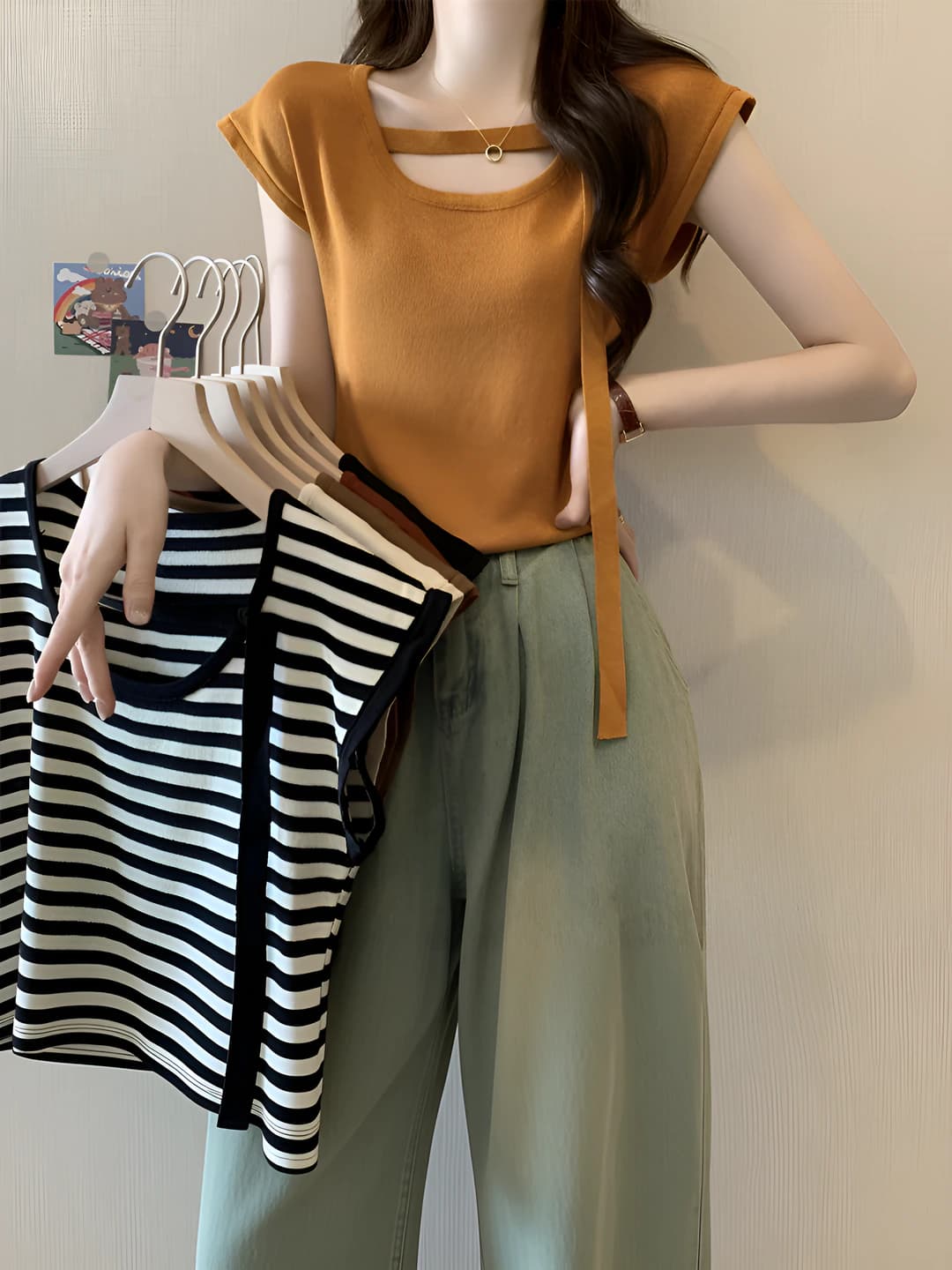 Women's summer knit top, short sleeve, crew neck, slim fit, solid colour, ice-silk fabric, slimming