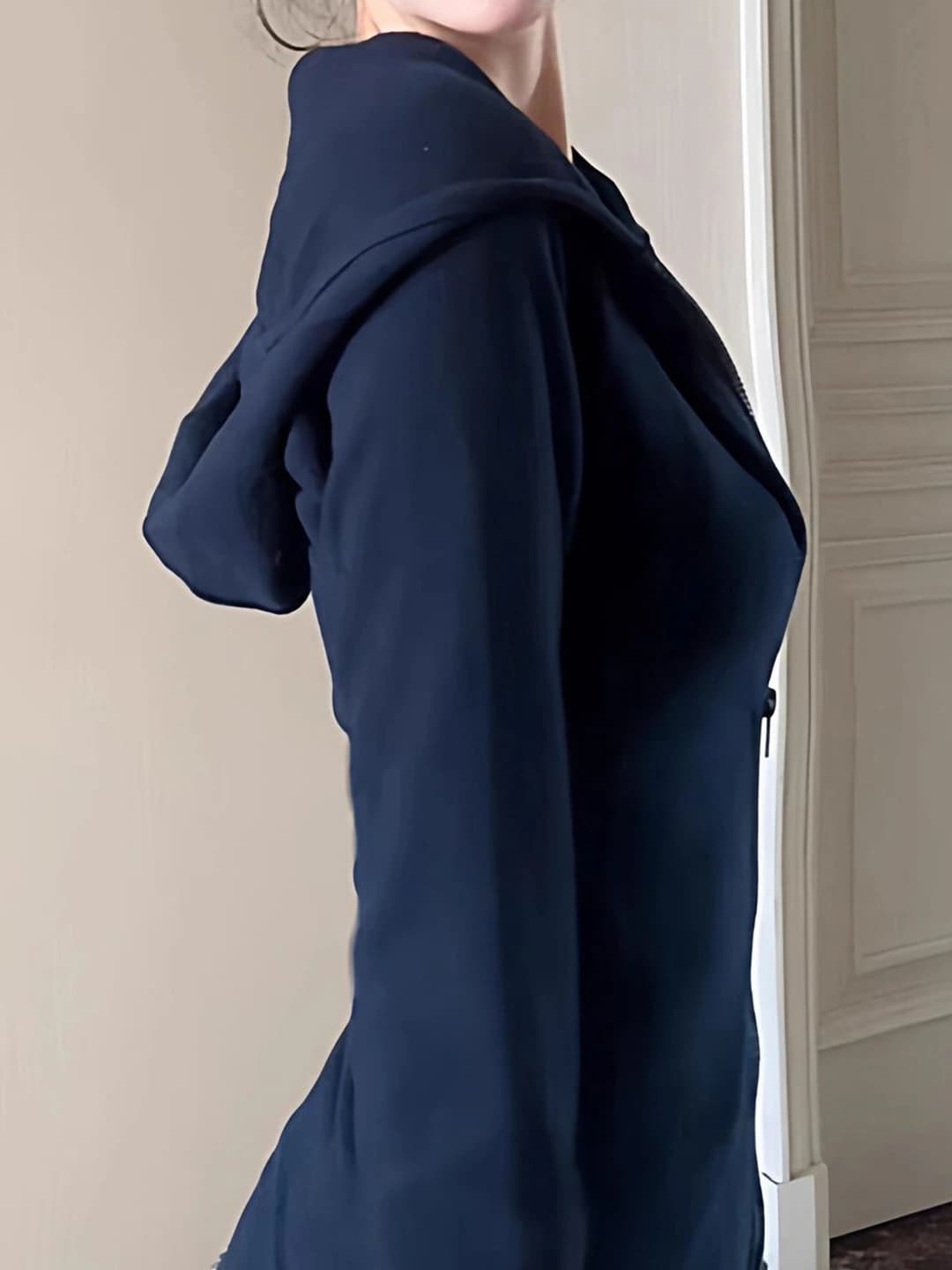 Women's retro dark blue hoodie, long sleeve, slim fit, slimming, 2026 spring-autumn