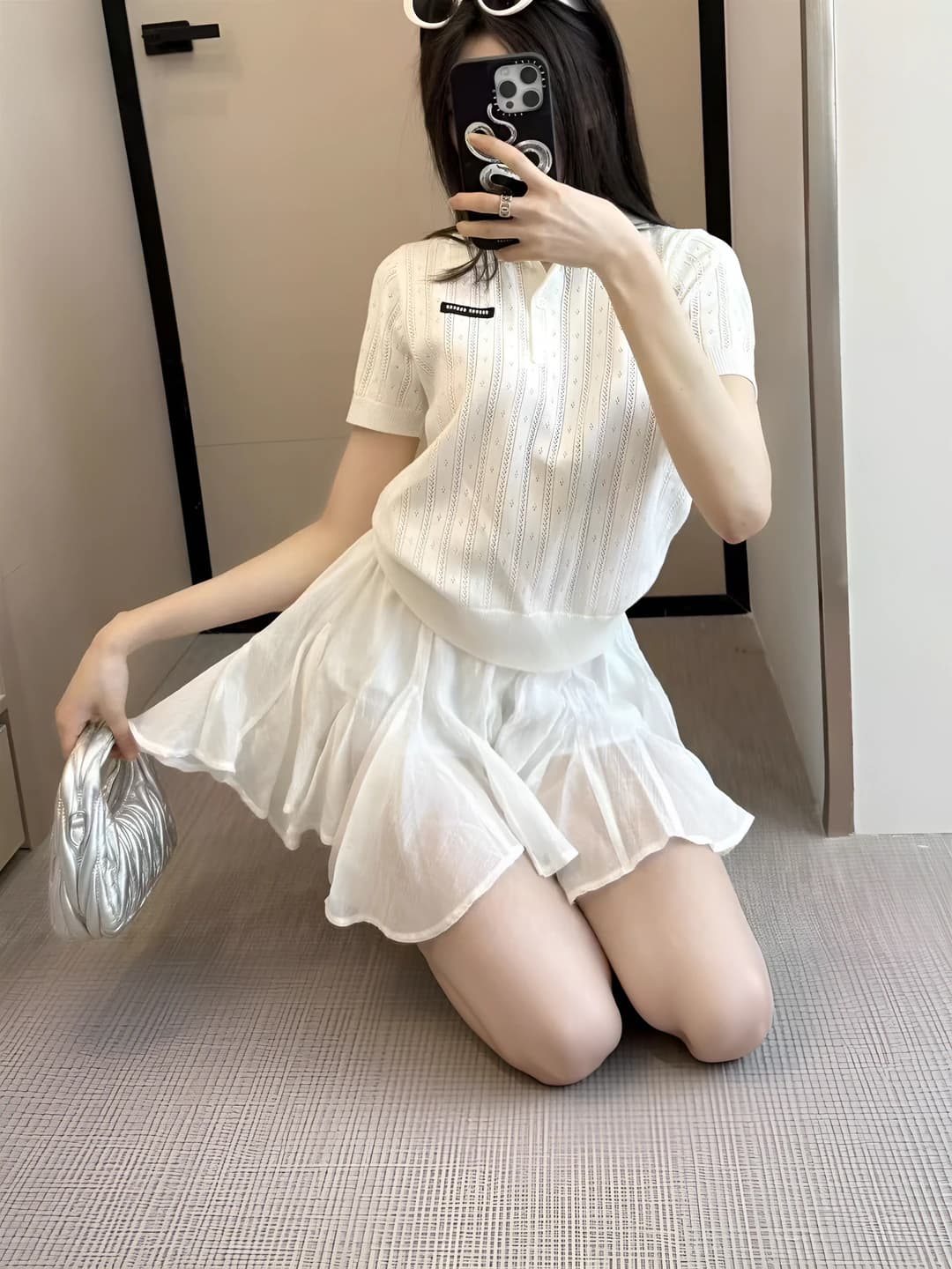 Women's summer knit top, polo collar, short sleeve, solid colour, loose fit, less than 30% polyester
