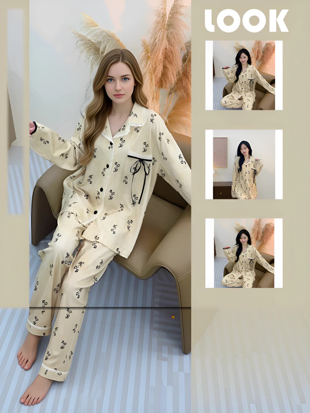 Ayollar uchun bahor-kuzgi tay-day gulxurakli uzun yengli qaytarma yoqali bo'sh (oversize) pijama to'plami, uy kiyimi, tashqarida kiyish mumkin