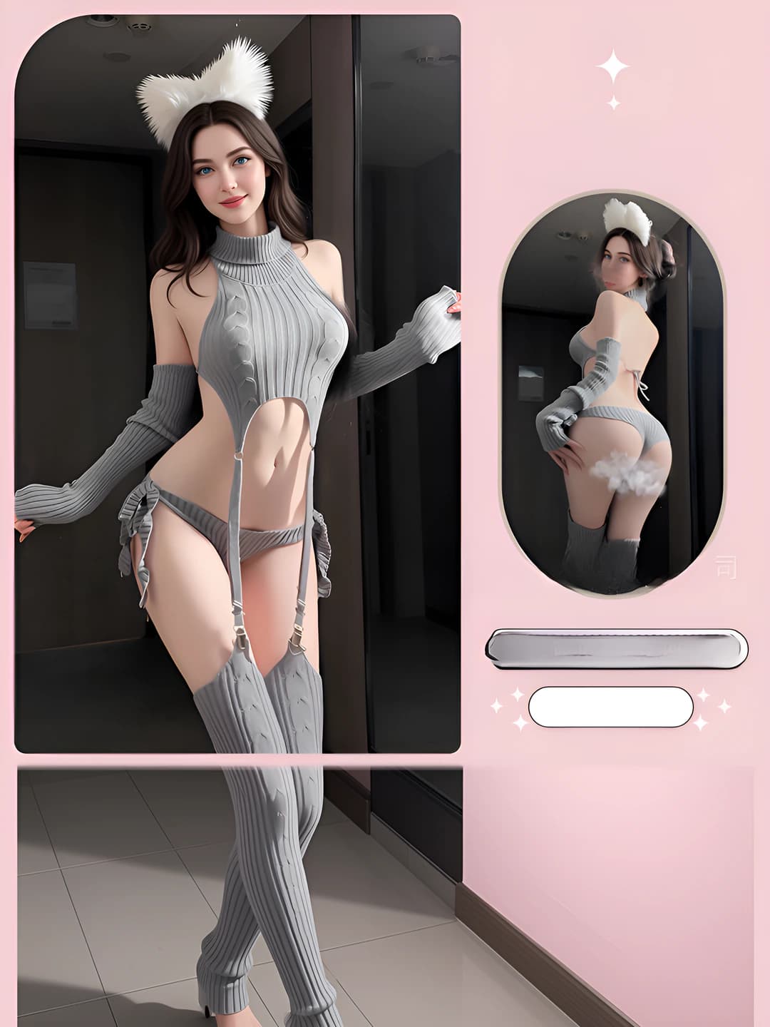 Grey sweater [Top+2 gloves+T-briefs+Leggings] + White headband