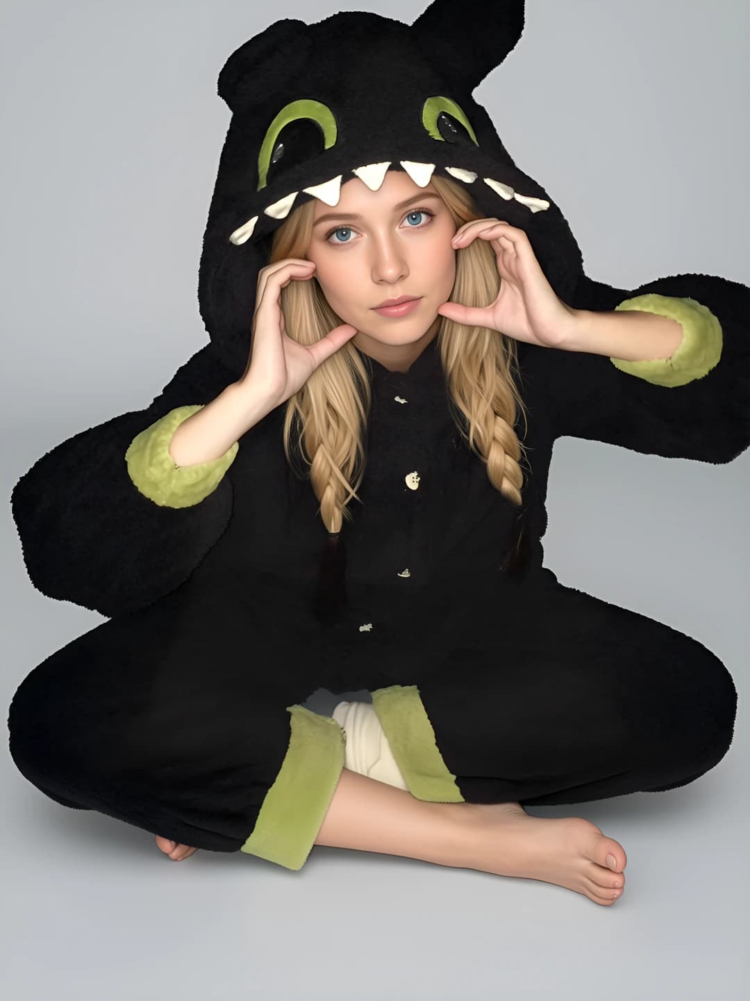 Women's winter coral fleece monster-hood pajama set, thickened, fleece-lined