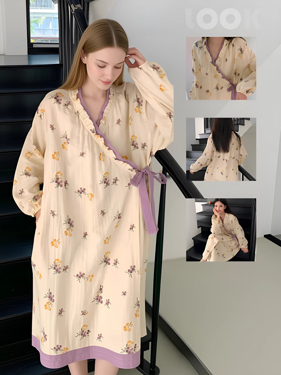 Ayollar uchun uy tungi ko'ylagi, bahor-kuz, V-yoqa, uzun yeng, bosma naqshli, kundalik, bo'sh (oversize) fit, polyester