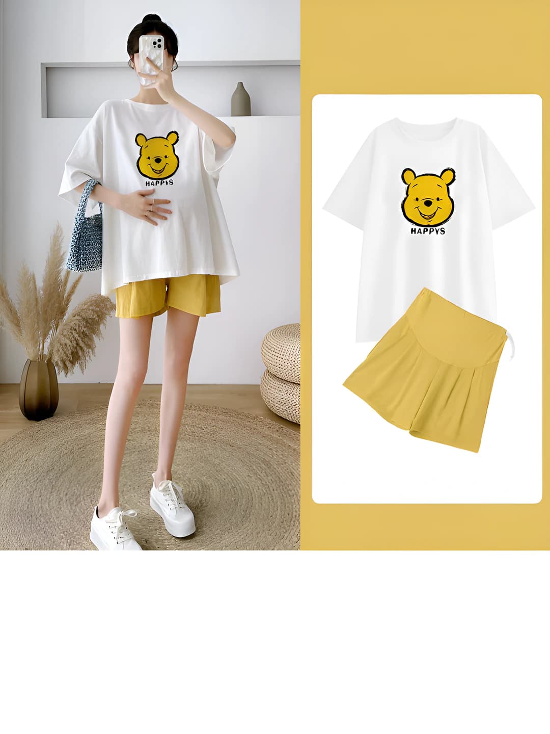 Ayollar uchun yozgi koreys uslubidagi bo'sh (oversize) kundalik kiyim to'plami: Winnie Pooh bosma naqshli kalta yengli T-shirt va qisqa shim