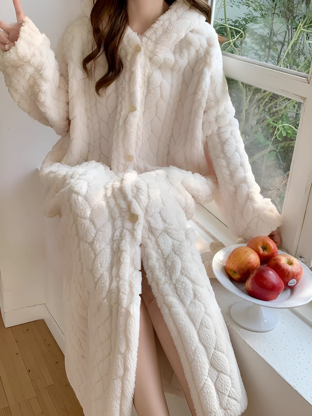 Women's winter coral fleece house robe, fleece-lined, thickened, warm, crew neck, plus size