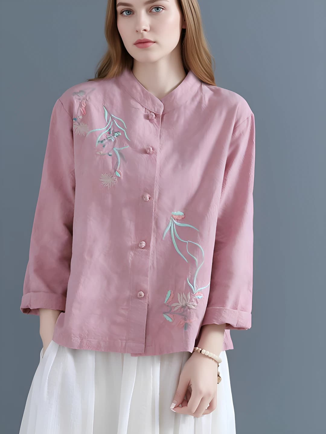 Women's spring-autumn retro long sleeve stand collar embroidered loose fit cotton-linen shirt