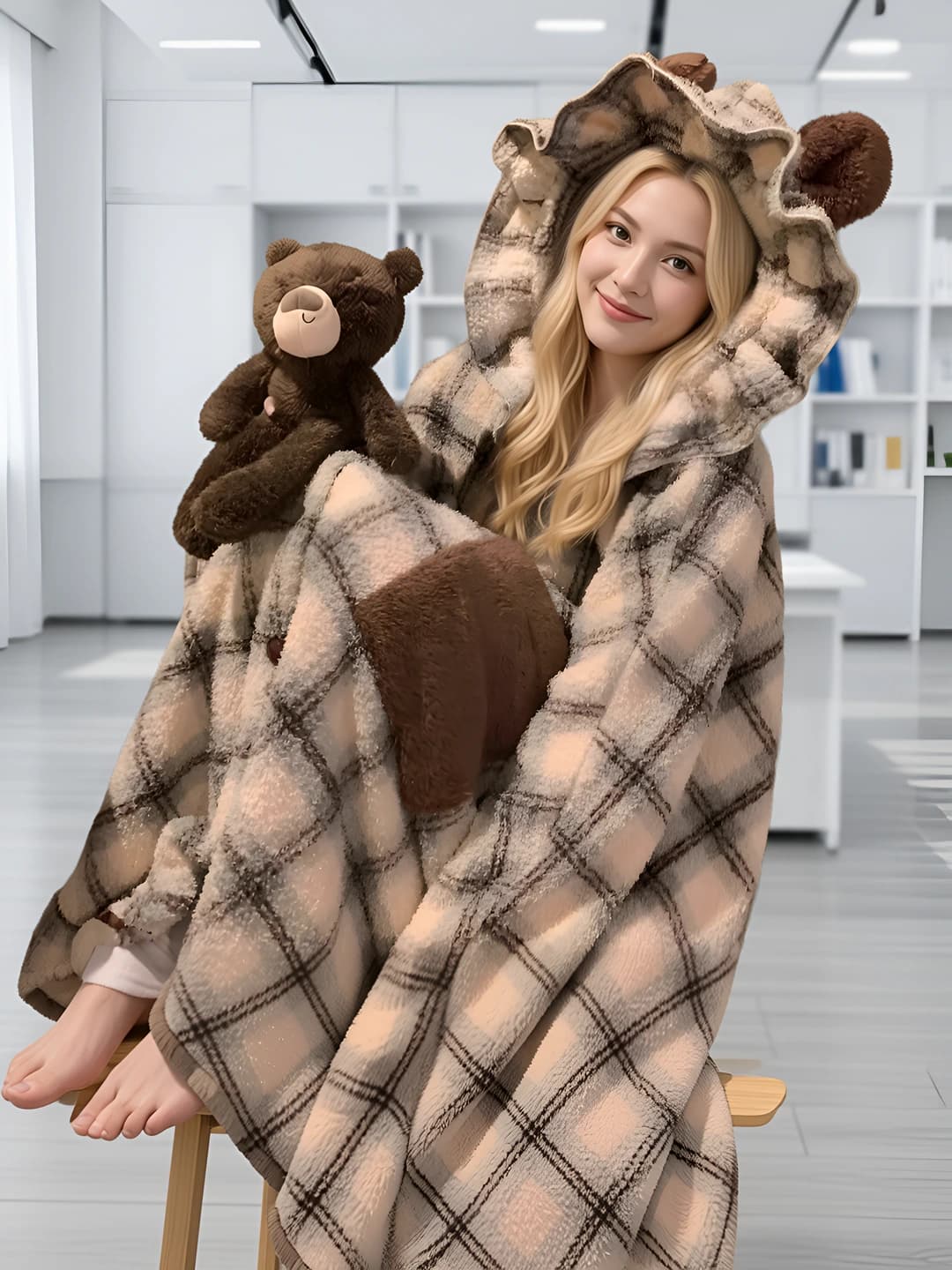 Женский зимний халат из кораллового флиса, утеплённый, с капюшоном, комплект