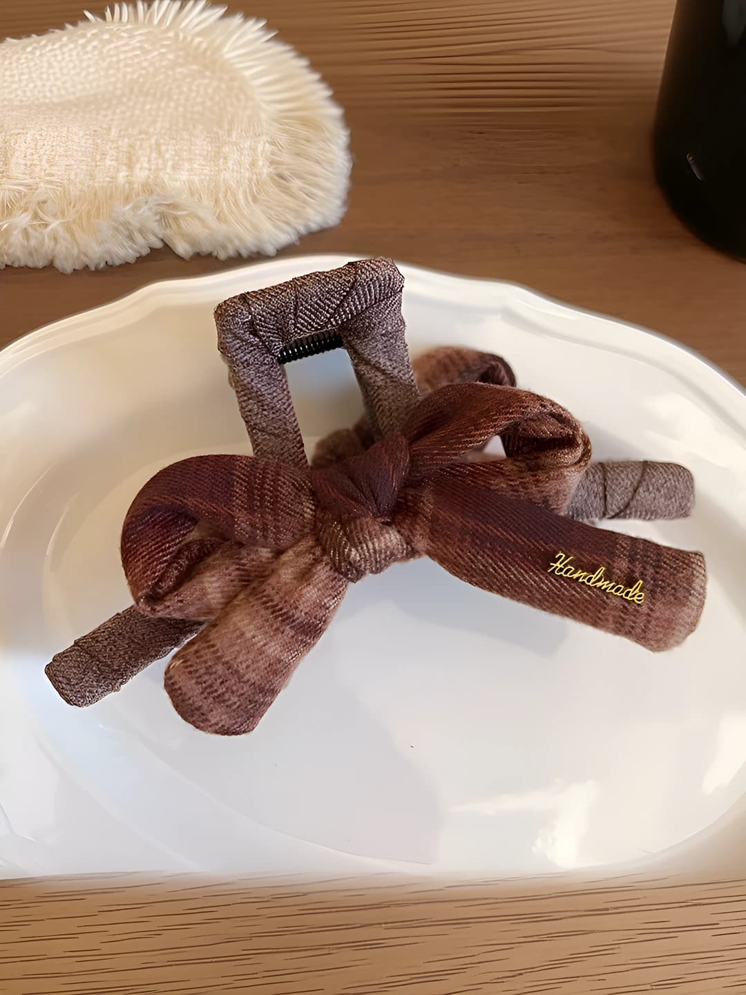 Coffee plaid bow clip 12.5 cm
