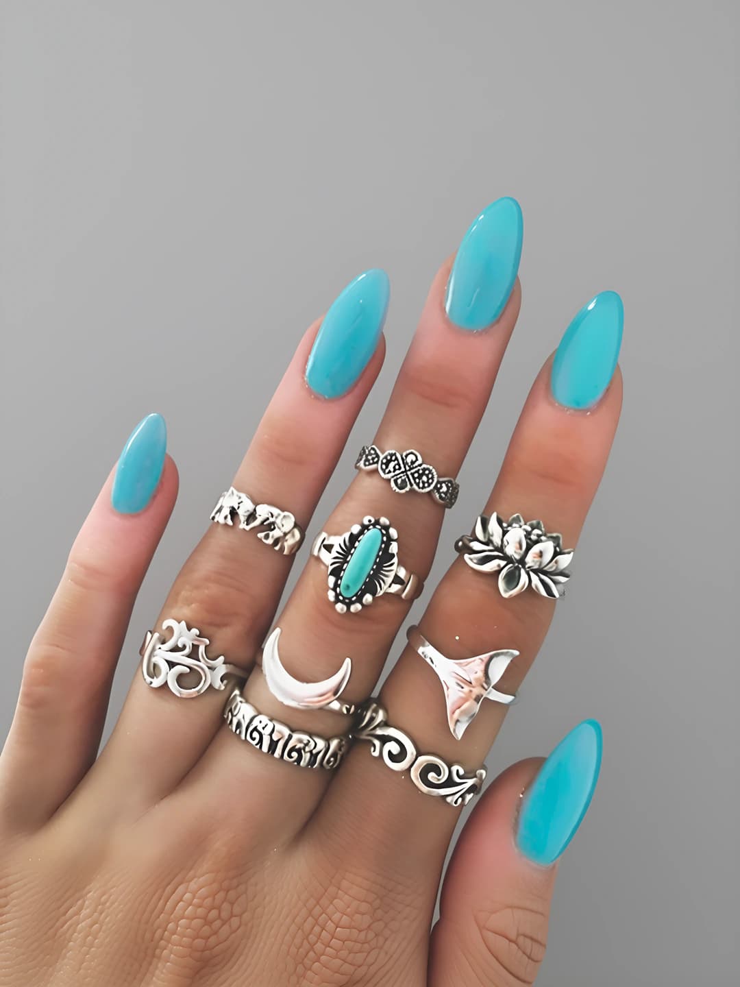 Women's retro 9-piece joint ring set with moon, lotus, elephant and turquoise