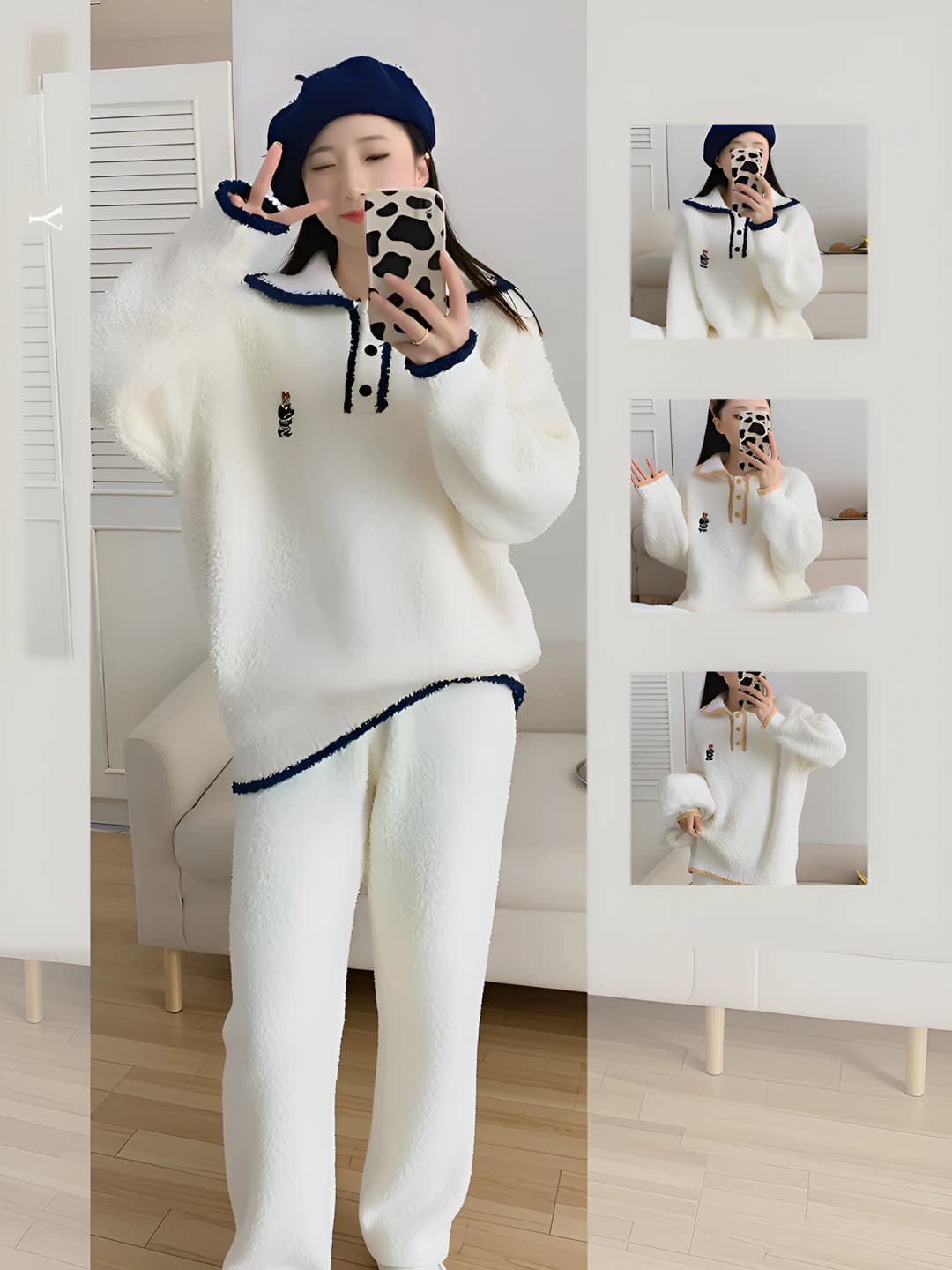 Women's fleece-lined and thickened pyjamas set, autumn-winter 2026, polyester, mock neck, long sleeve, warm loungewear