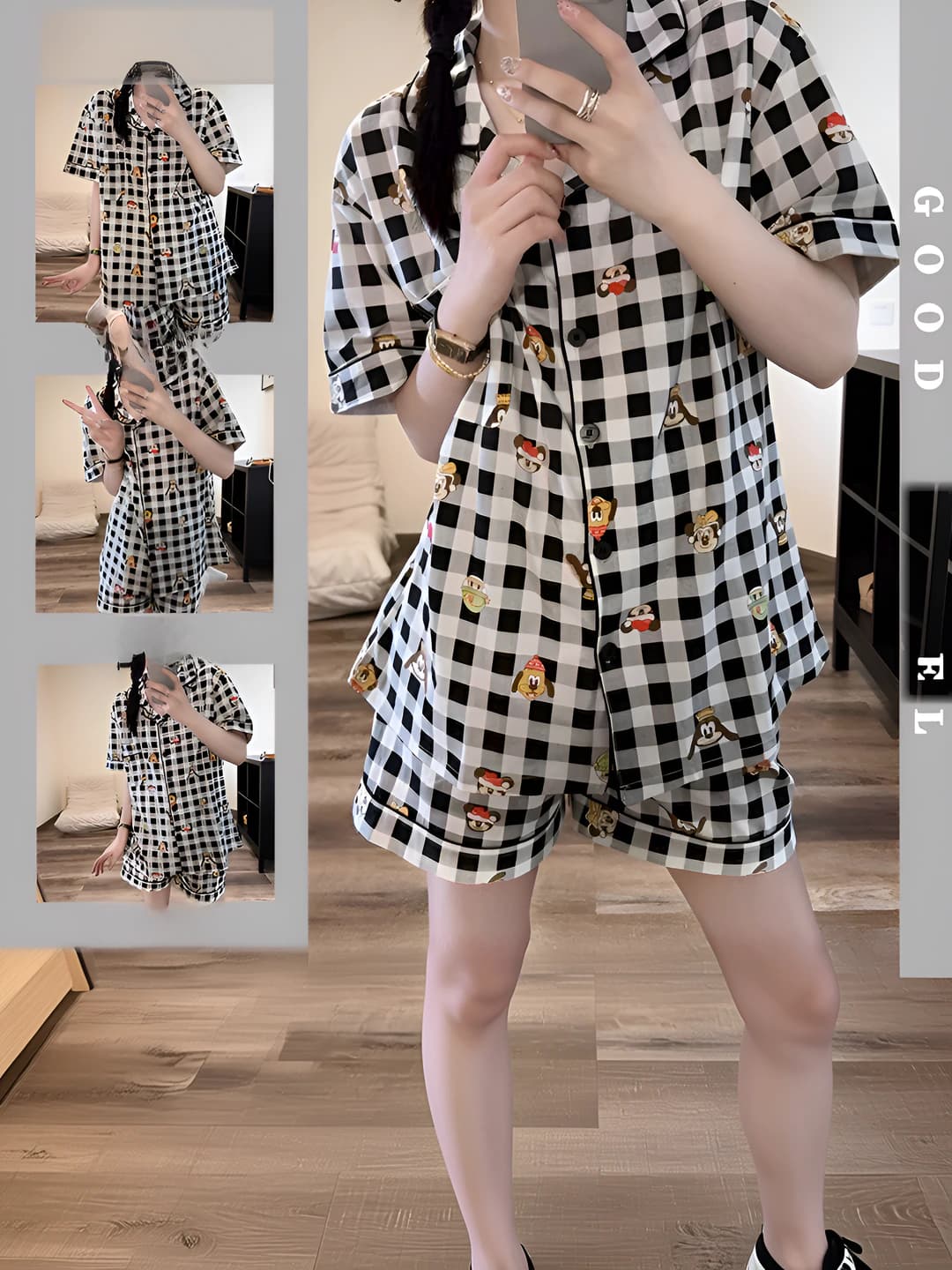 Ayollar uchun yozgi pijama to'plami: kalta yengli, katak, yupqa, bo'sh (oversize) uy kiyimi