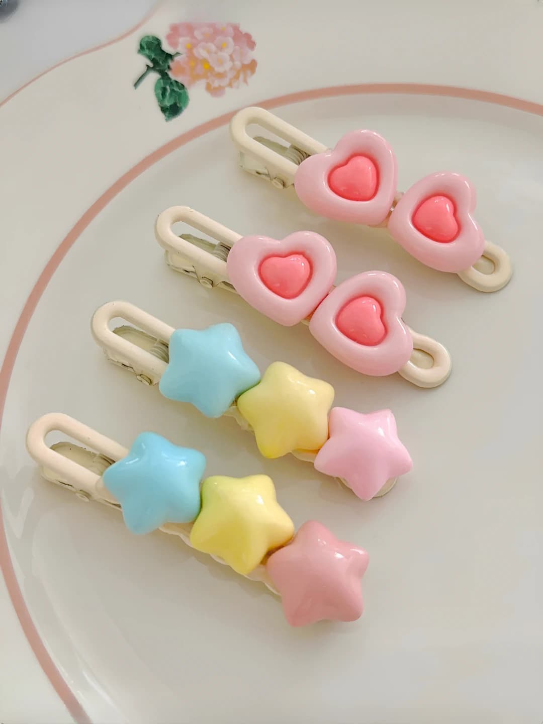 Women's colorful cute sweet hair clips, side bang clip, heart and star design element, acrylic, handmade