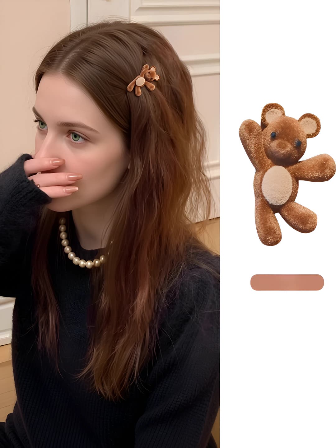 Women's hair clips and combs: side clip in shape of waving bear, mixed material, handmade