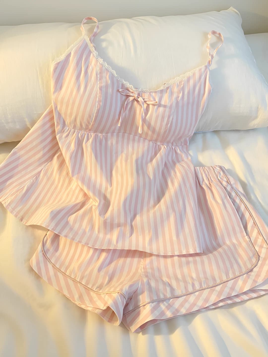 Women's summer striped pink pajama set (camisole top and shorts), sleeveless, polyester fabric