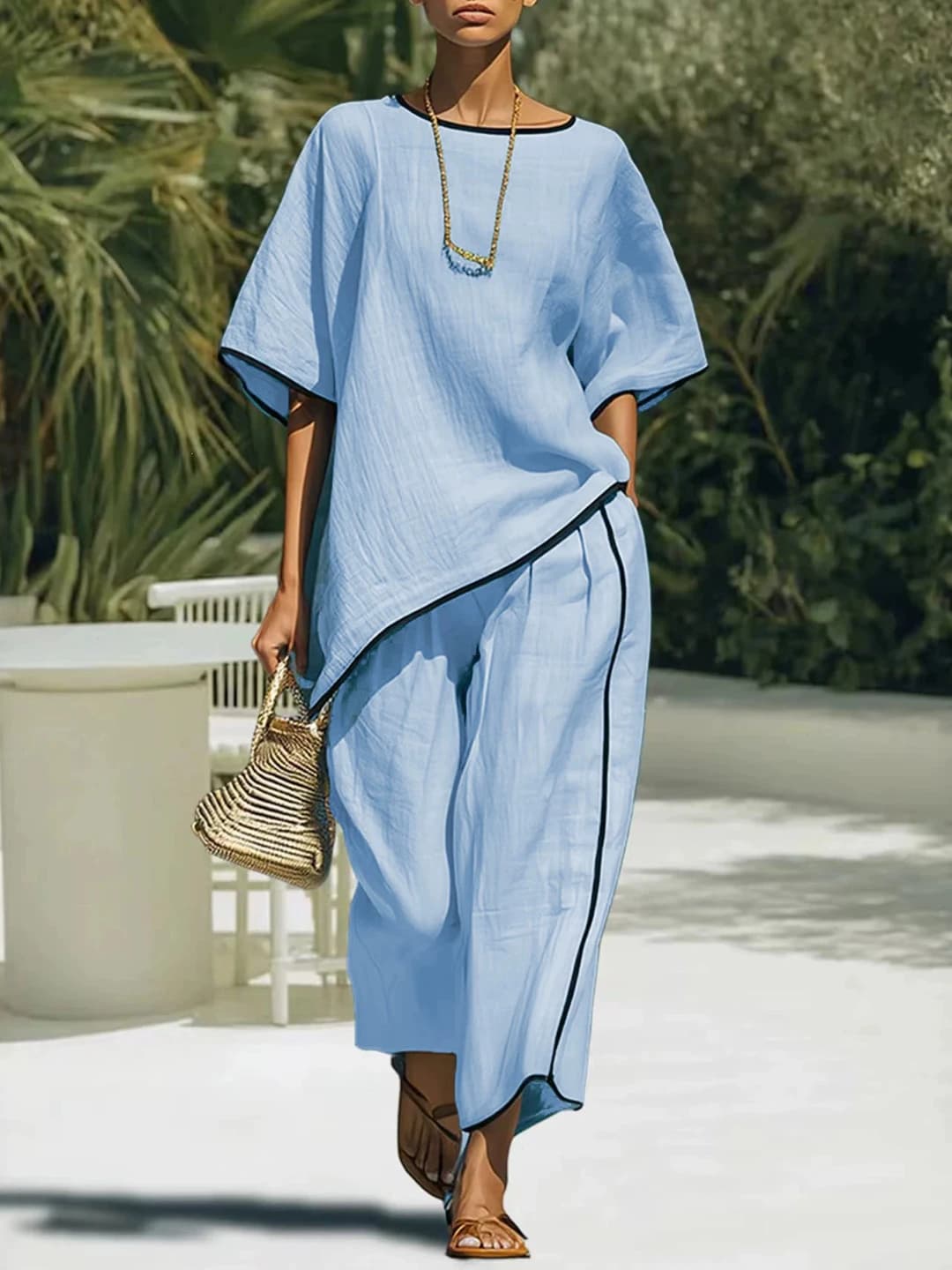 Women's casual two-piece set: crew neck short sleeve t-shirt and trousers, summer, spring, autumn