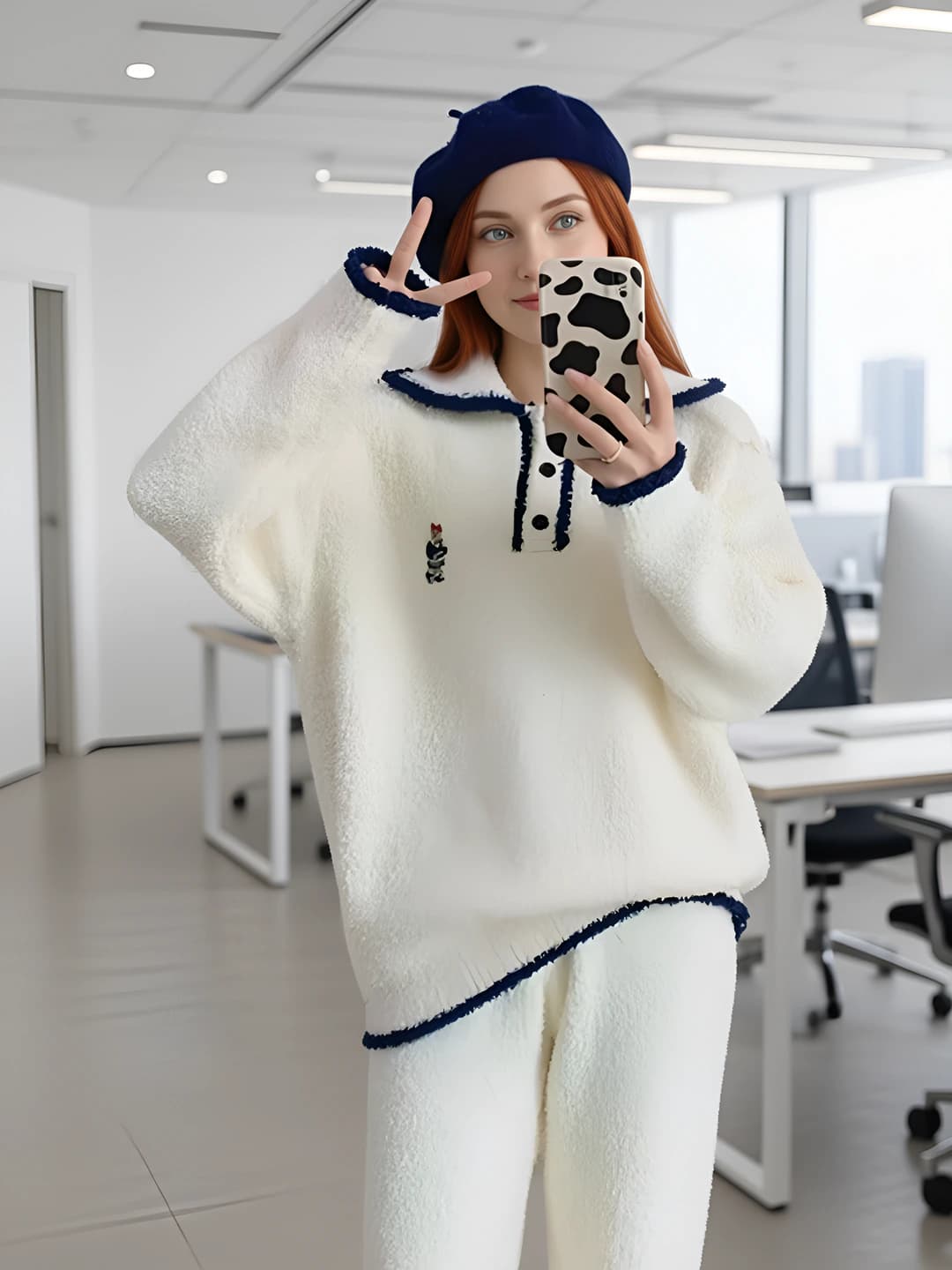 Women's fleece-lined thickened printed loungewear set, mock neck, long sleeve, trousers, for winter, spring, autumn