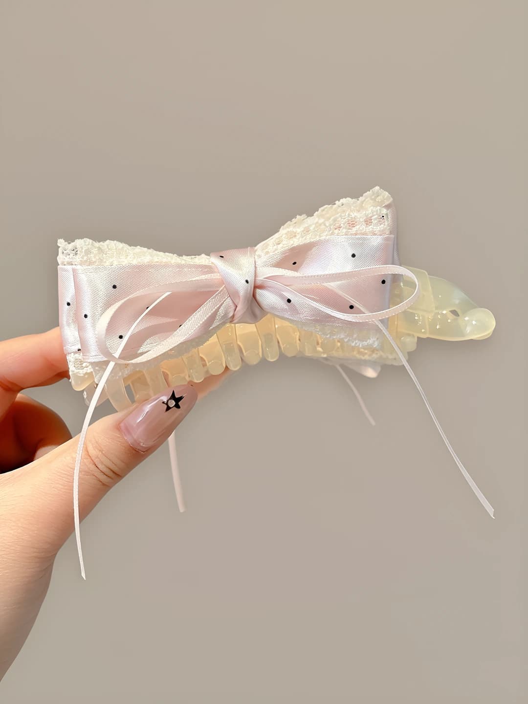 Pink polka dot lace banana clip ~13 cm