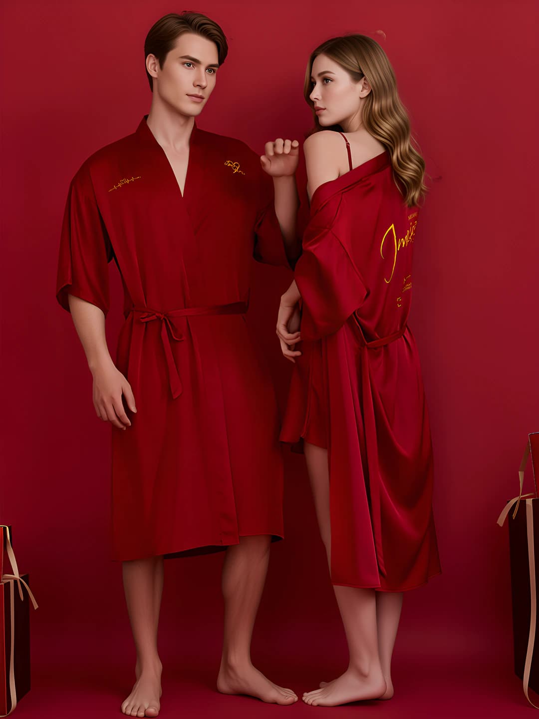 Spring summer autumn new simple casual thin couple loungewear robe red lucky year print set
