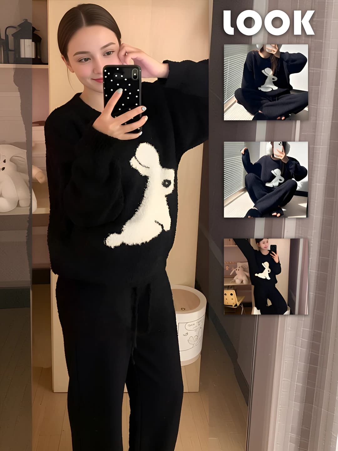 Women's home wear set: Korean style, fleece-lined, thickened, coral fleece, long sleeve, trousers, winter