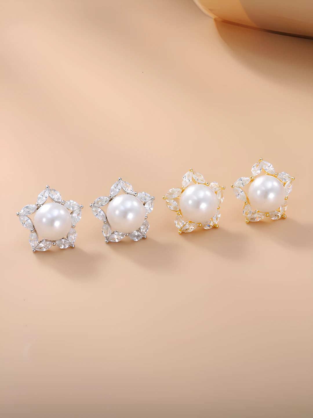 Women's five-pointed star stud earrings with faux pearl and zirconia