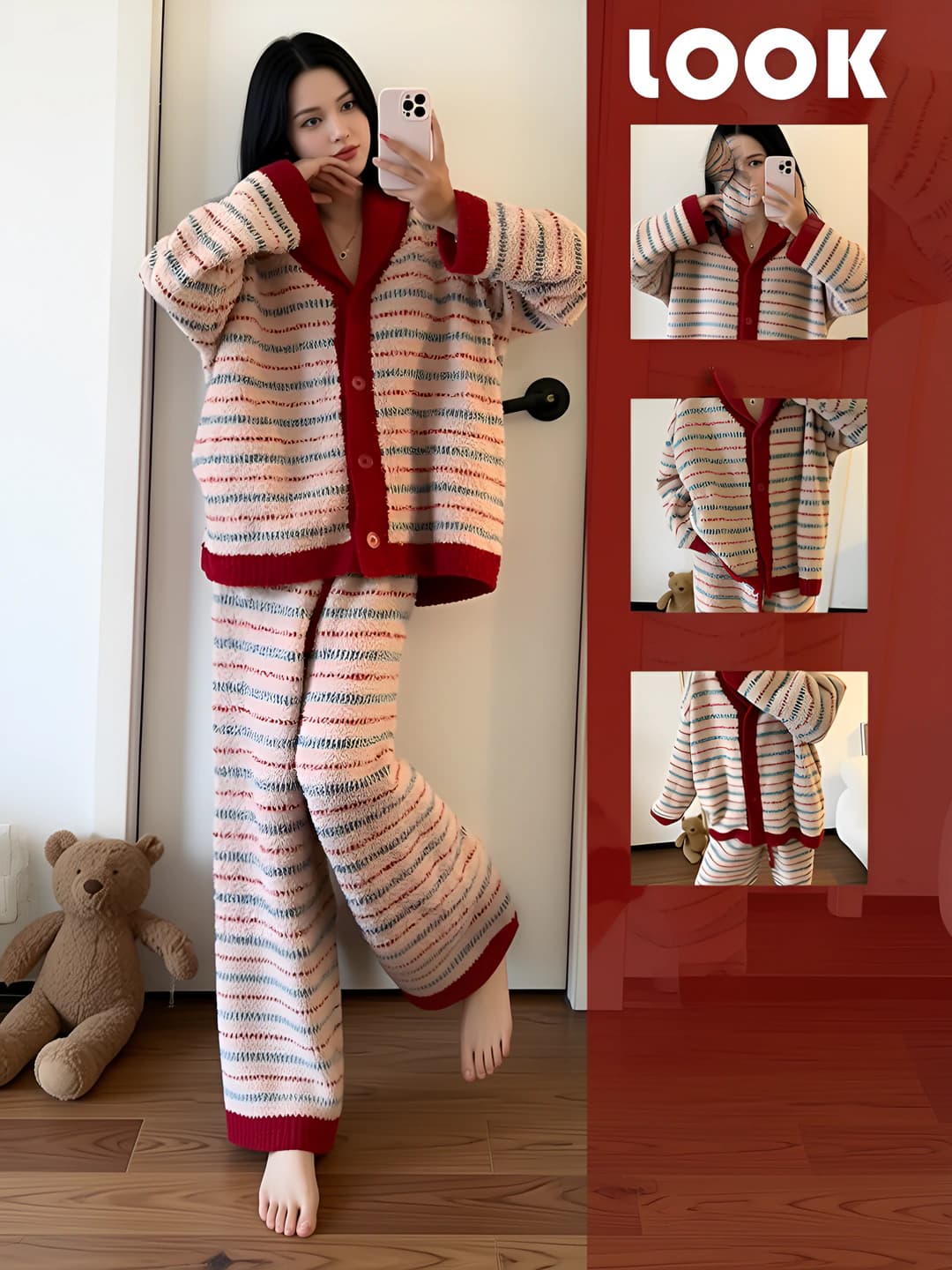 Women's fleece-lined striped long sleeve pyjamas set, thickened loungewear for autumn-winter, 2026