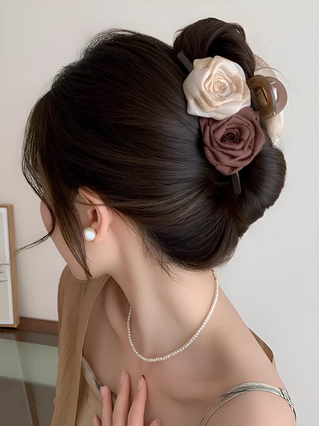 Beige-coffee dried rose clip 13 cm