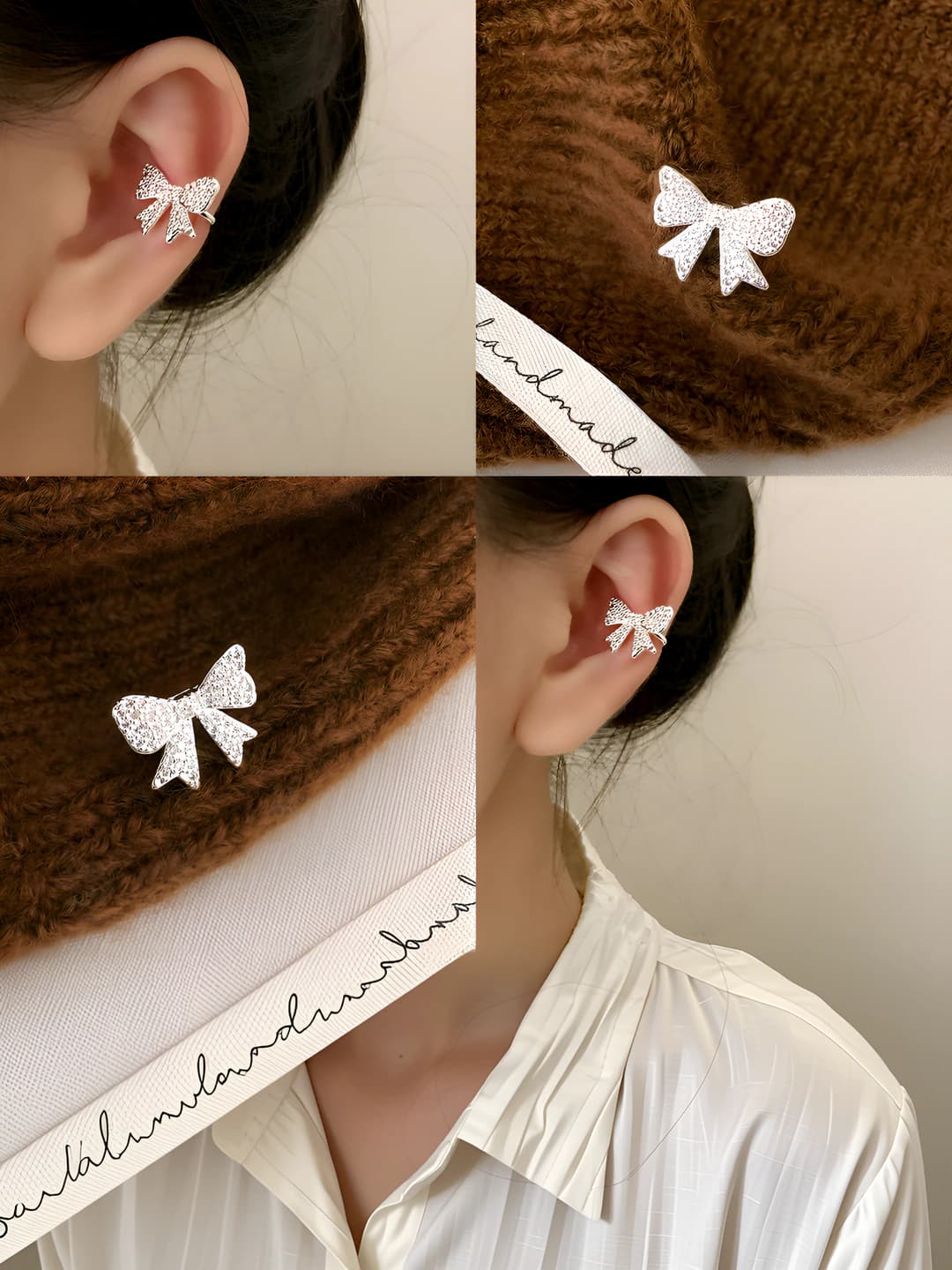 Women's light luxury zircon crystal bow and geometric ear clips