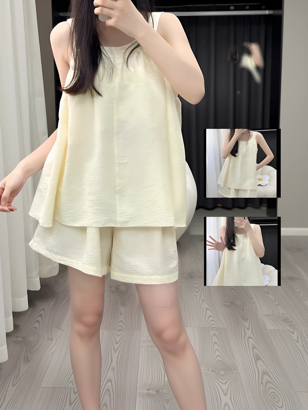 Women's home wear set: Korean style, crew neck, sleeveless, thin, loose fit, breathable, for summer, spring, and autumn