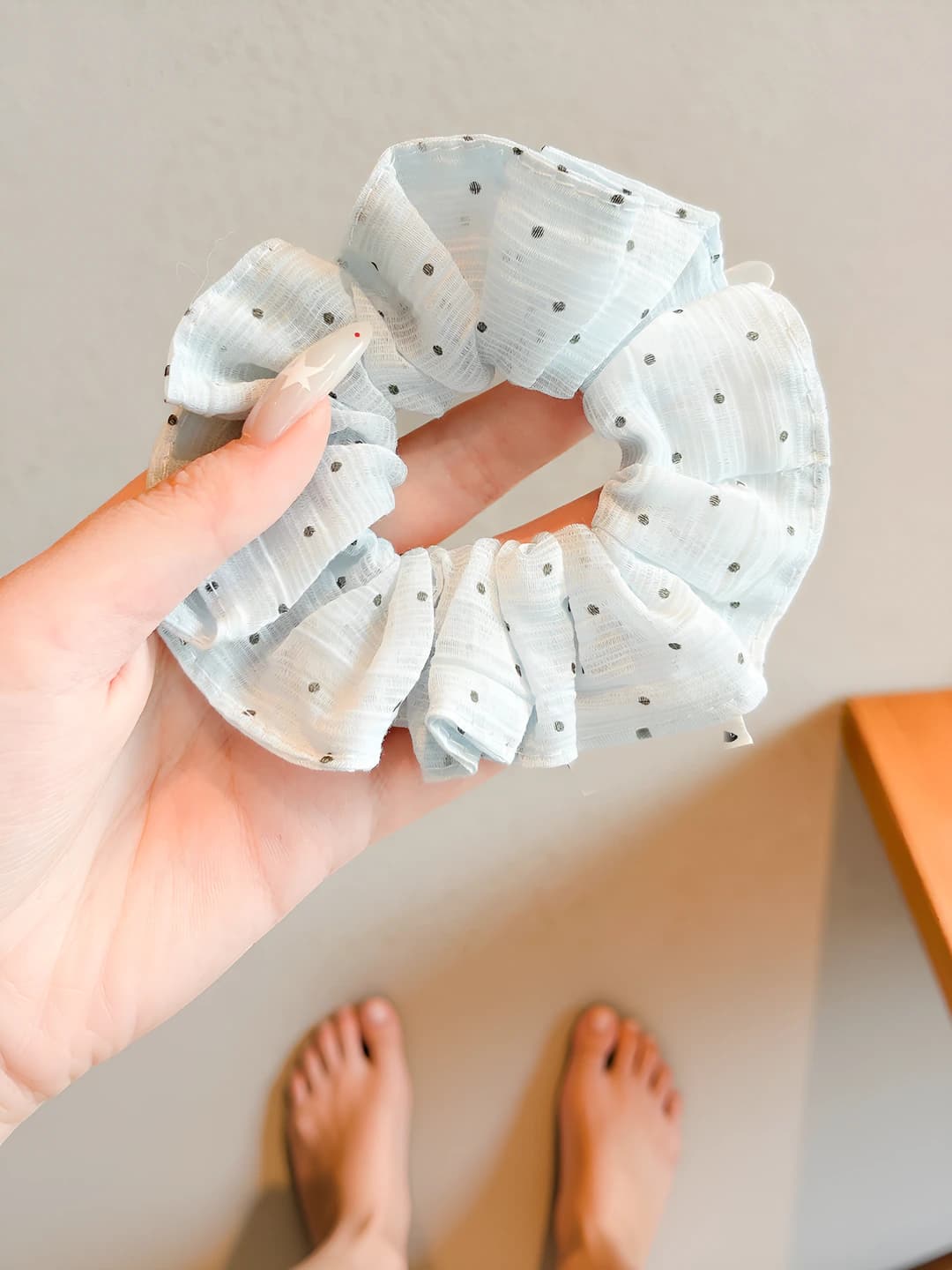 Blue polka dot hair tie, 10 cm