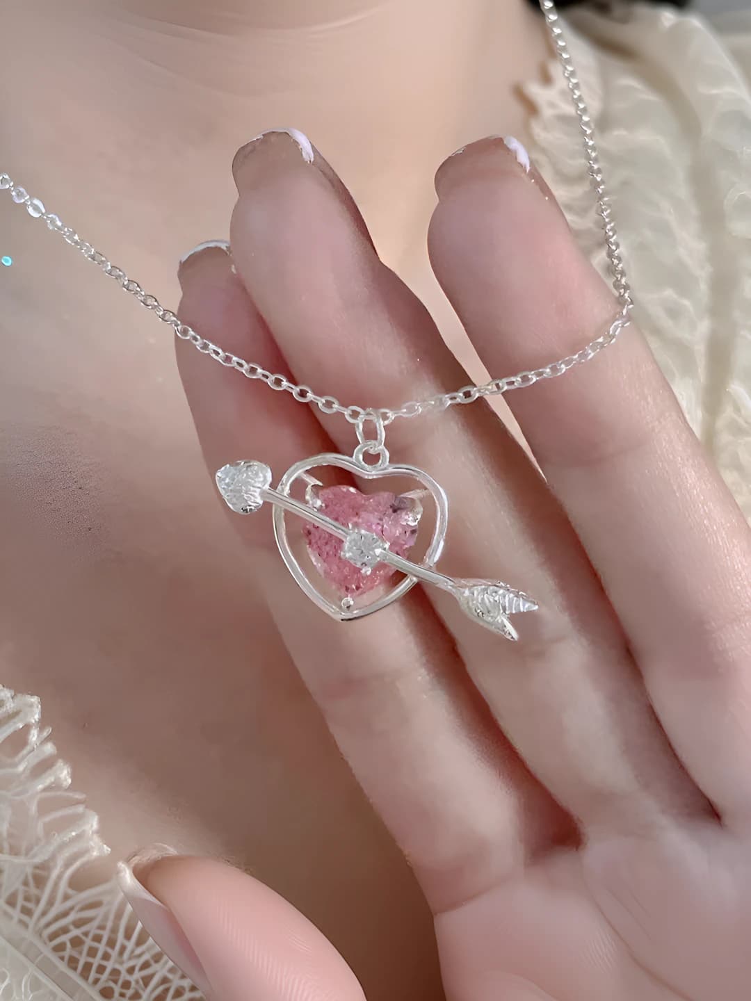 Women's pink crystal Cupid heart pendant necklace with simple style clavicle chain