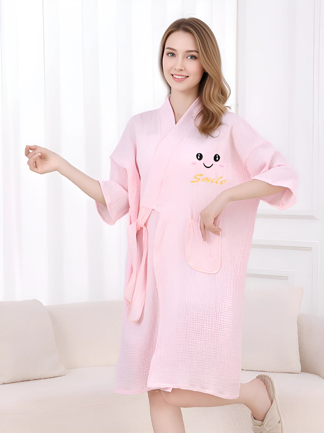 Pink Pure Cotton Short-Sleeve Embroidered Robe