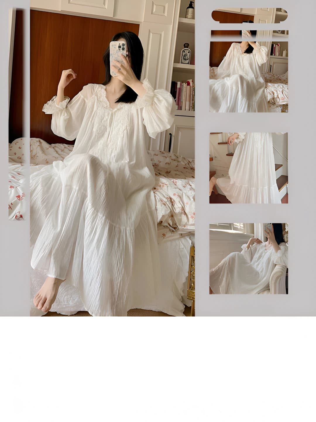 Women's lace nightgown, long sleeve, V-neck, polyester, winter-autumn, 2026