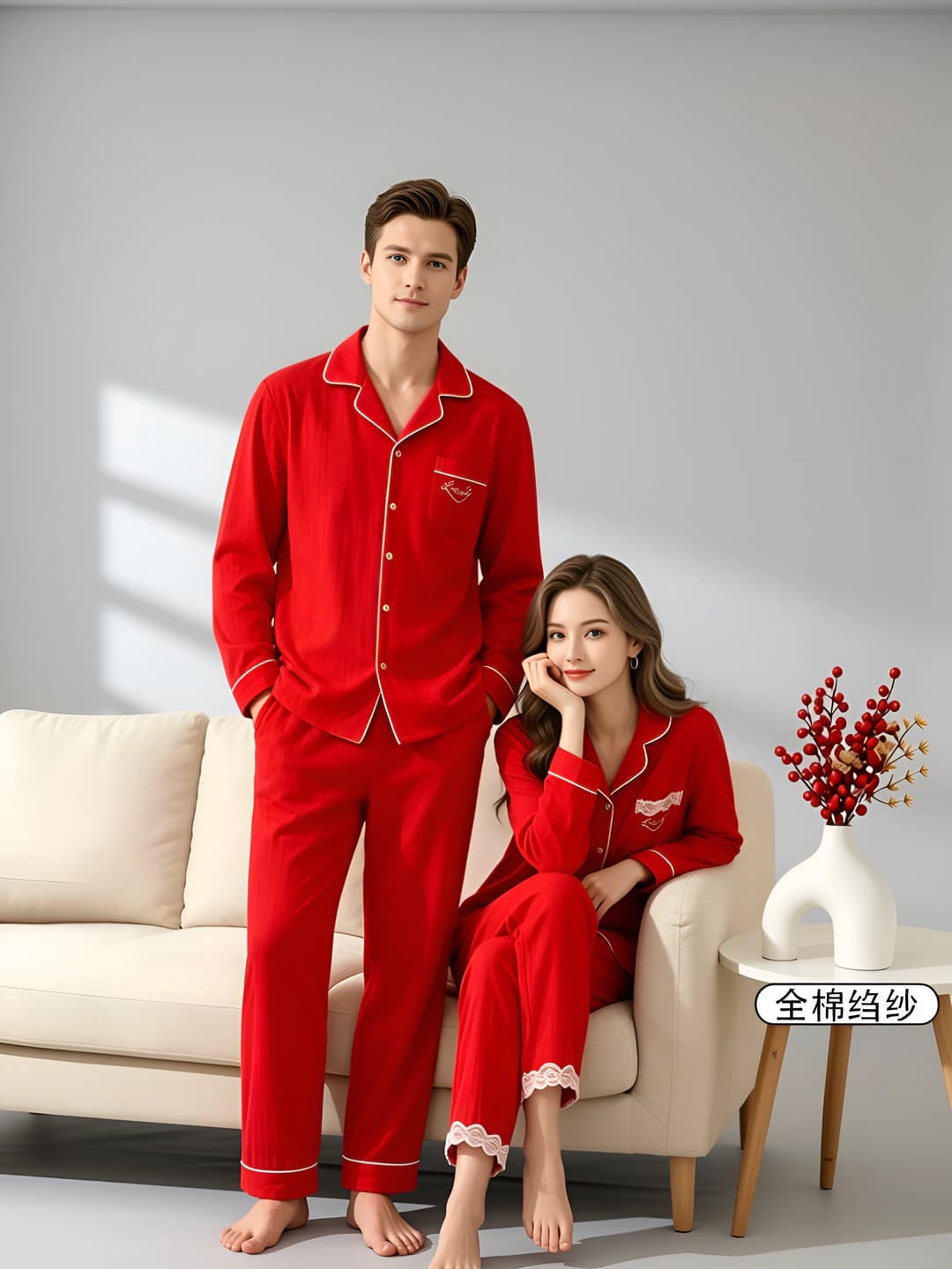 Women's pajama set: all-cotton, embroidered, lapel collar, long sleeve, trousers, breathable, warm, all-season