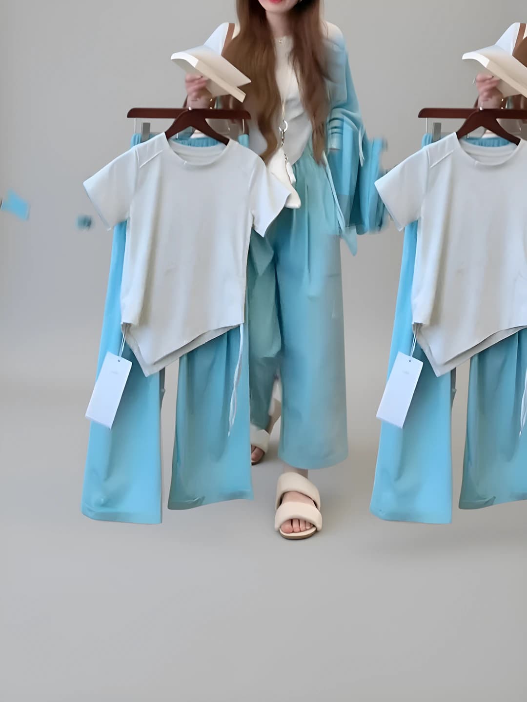 Women's 2026 summer casual clothing set: solid colour short sleeve t-shirt and wide-leg trousers
