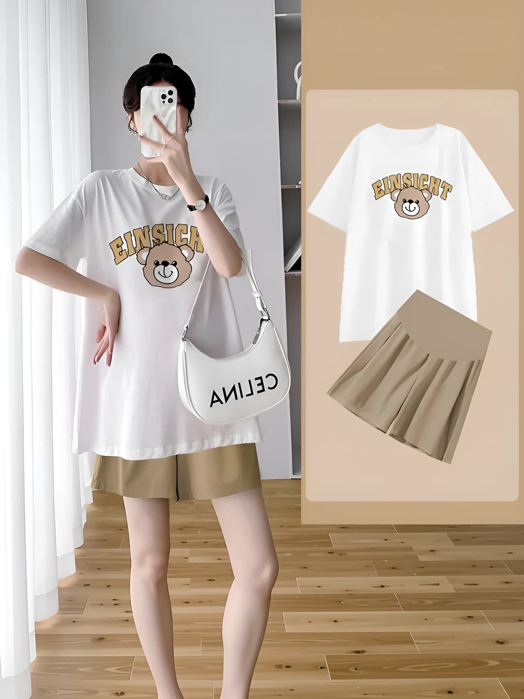Ayollar uchun 2026 yozgi koreys uslubida nozik ko'rsatadigan bo'sh (oversize) bosma naqshli kalta yengli kundalik homiladorlik uchun ikki qismli to'plam (T-shirt va yubka)