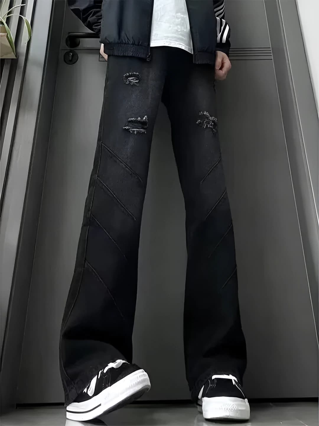 Women's distressed, washed black wide and flared jeans, summer, casual, mid-waist, mid-length