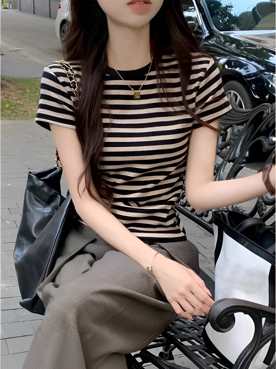 Women's cotton striped short-sleeve t-shirt, summer, slim fit, slimming, crew neck, casual style