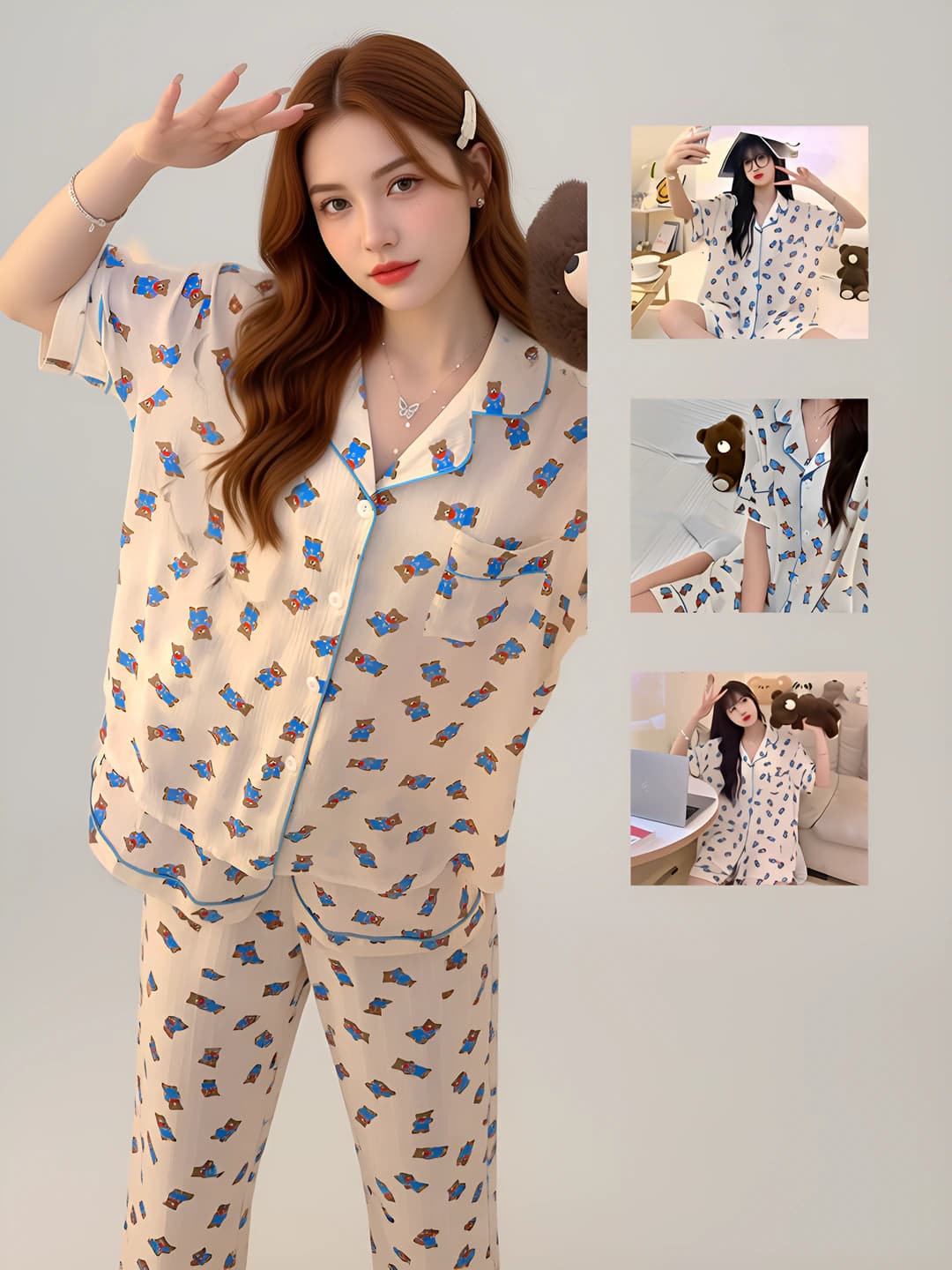 Women's summer short-sleeve and shorts pajama set in 100% cotton, lapel collar, breathable loungewear