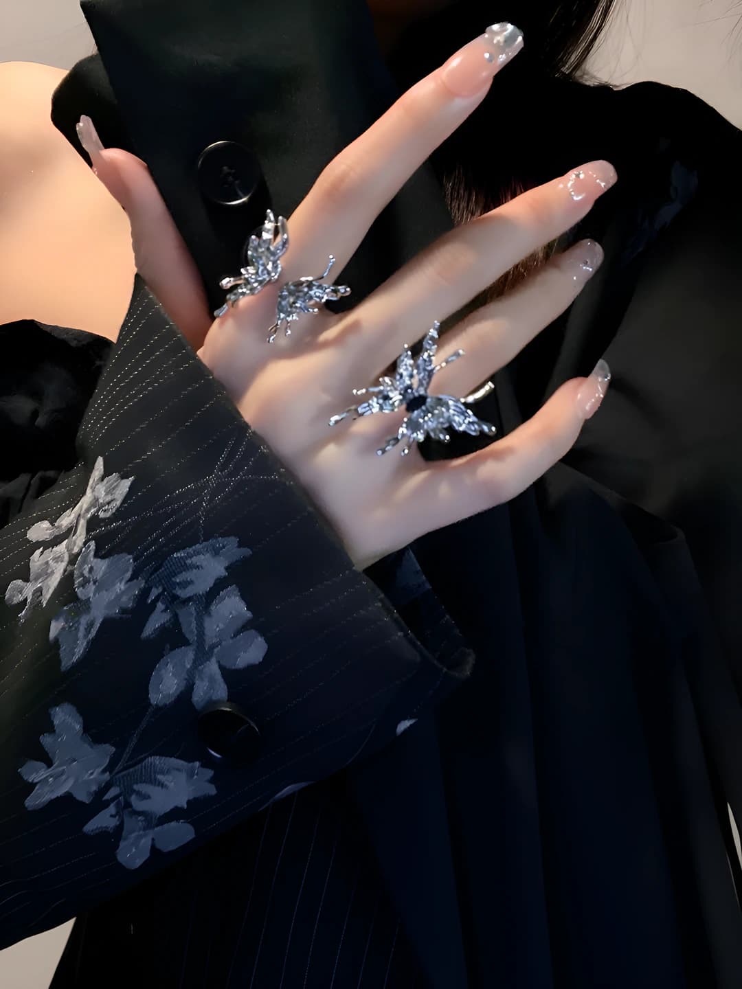 Silver liquid look butterfly open ring for women, adjustable, zinc alloy, design element