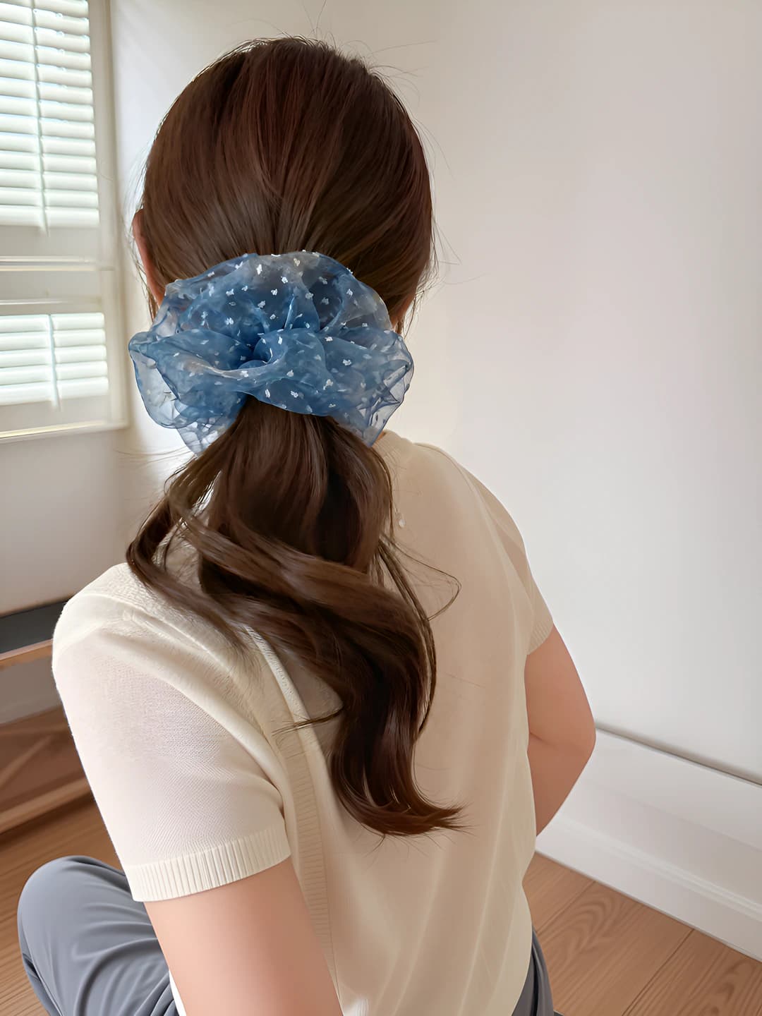 Blue mesh polka dot hair tie 18 cm