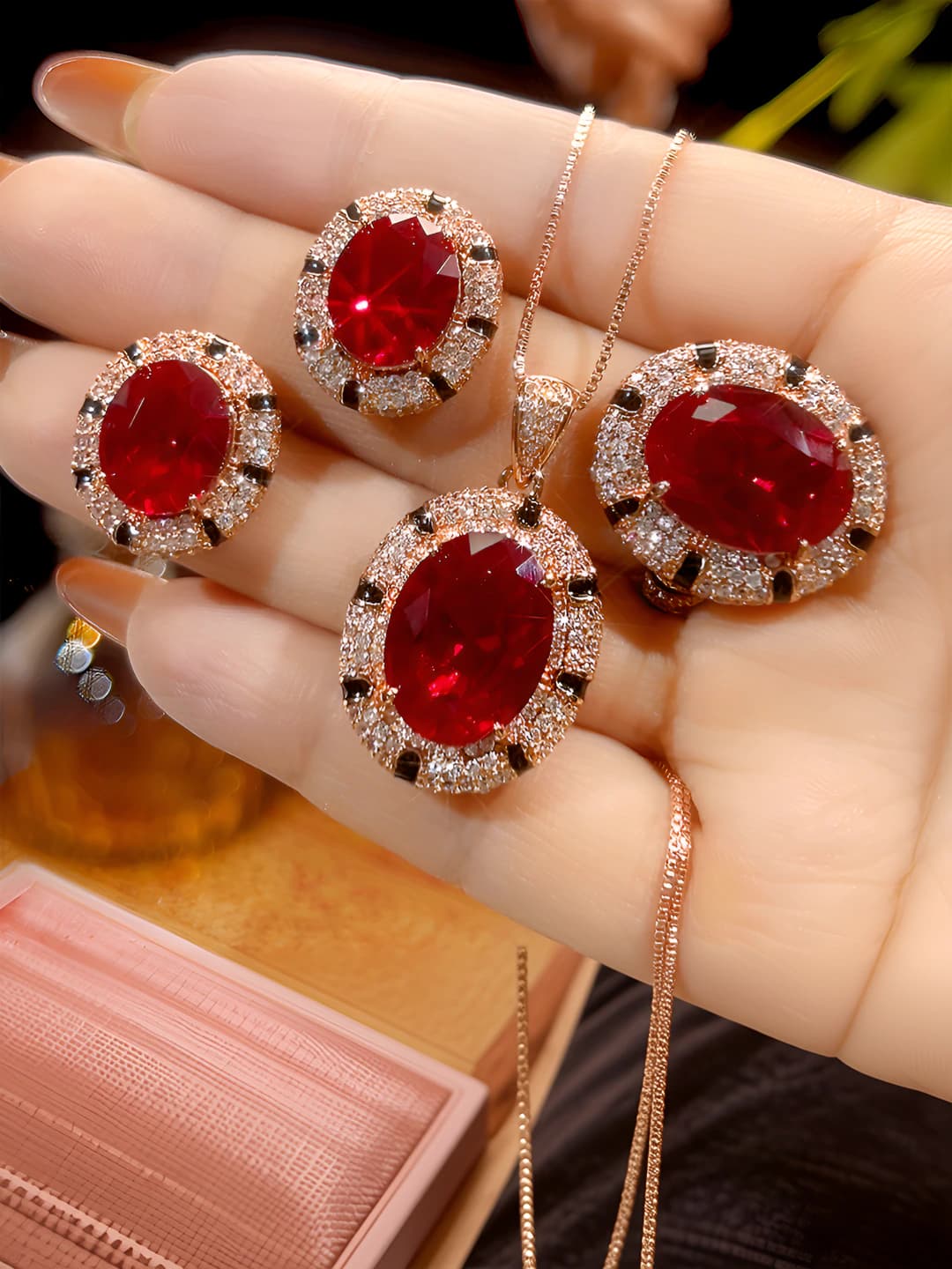 Women's retro gold-plated brass set, simulated red ruby and zirconia stones, 12*16*10*12 mm