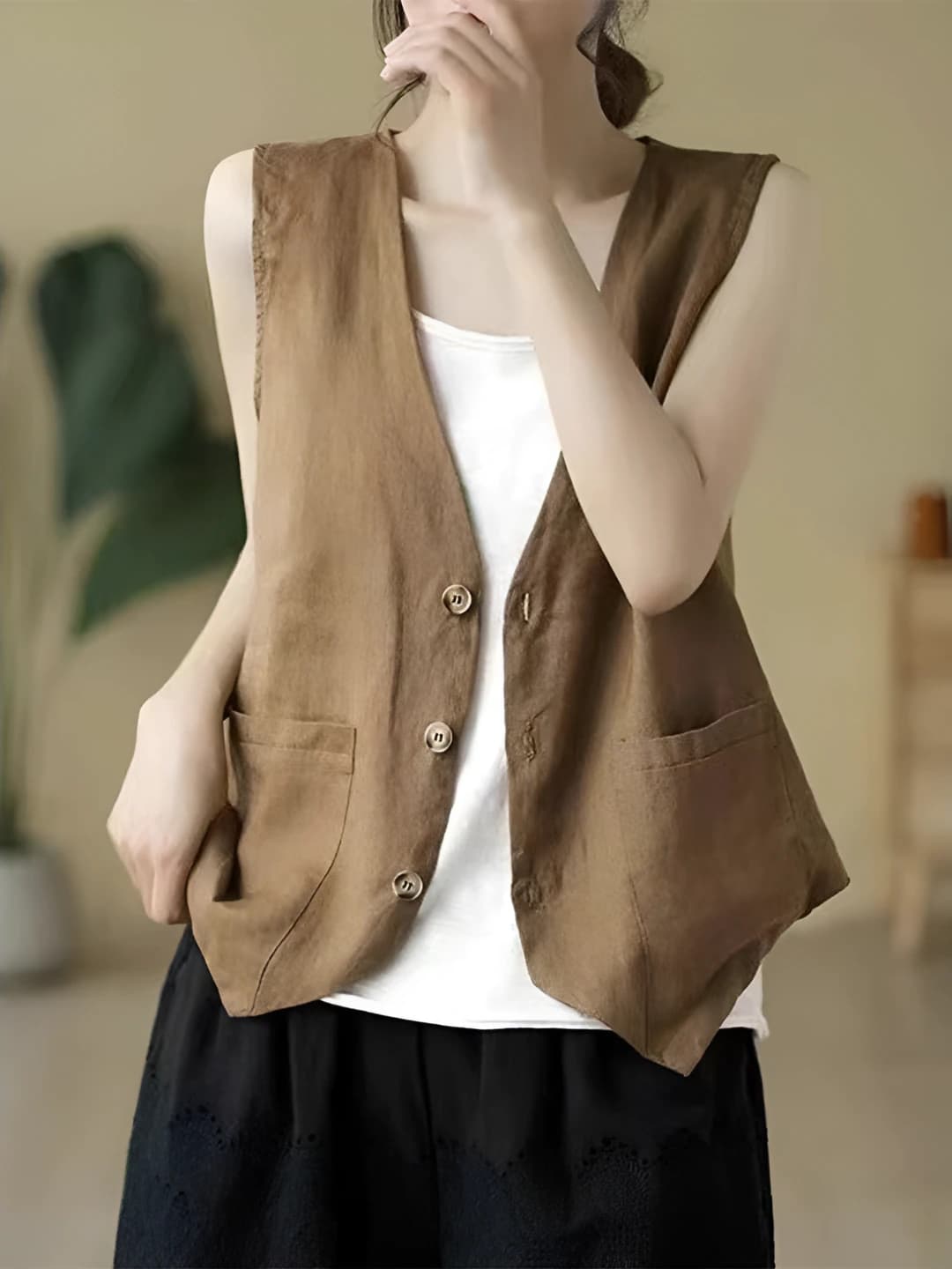 Women's spring-summer plus size loose fit casual V-neck sleeveless solid colour vest